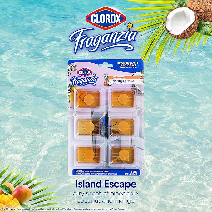 Clorox Fraganzia Stick-On Gel Fresheners, Island Escape Trash Can Deodorizer Up to 30 Days Scent, Odor Absorber for Kitchen, Bathroom, Closet, No Plug or Batteries, 0.12 Fl Oz, 6 Count