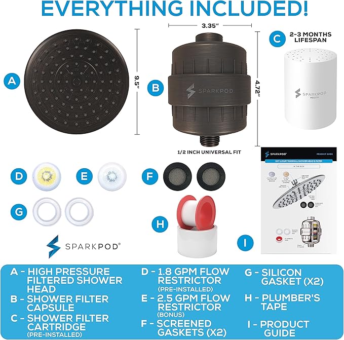 SparkPod Luxury Filtered Shower Head Set 23 Stage Shower Filter - Reduces Chlorine and Heavy Metals - High Pressure Showerhead Filter (9.5" Round, Vintage Oil Rubbed Bronze)