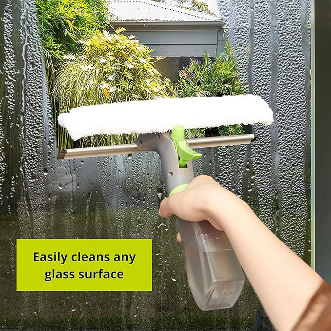 True & Tidy Window and Glass Cleaner Refillable Spray Bottle with Built-in Squeegee and Machine-Washable Microfiber Scrubber, Use Any Cleaning Solution, 10 inches