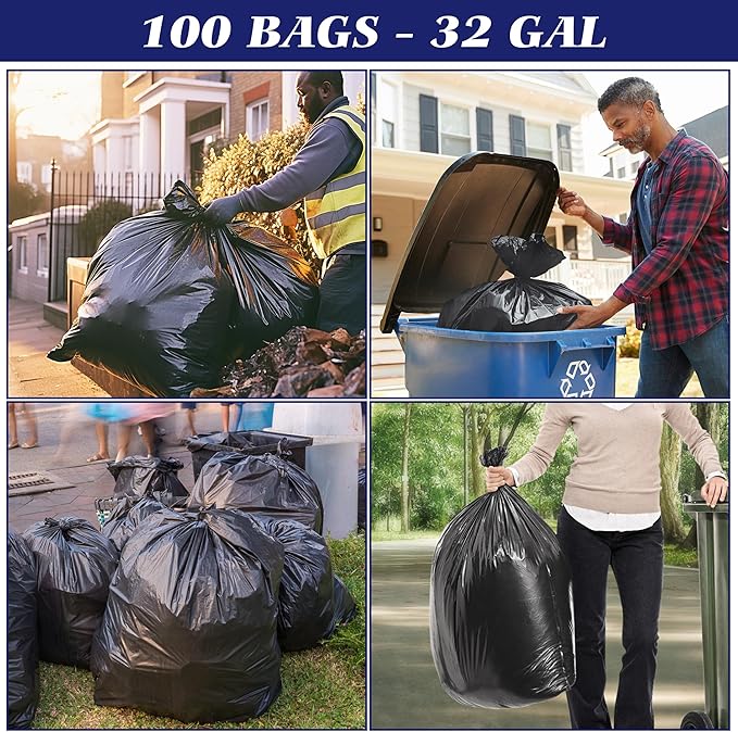 30-33 Gallon 100 Counts Large Trash Bags w/Ties Black Garbage Bags, Large Trash Can Liners for Home,Kitchen,Office,All Purpose Light Residential or Commercial Waste,Outdoor Lawn and Leaf Bags