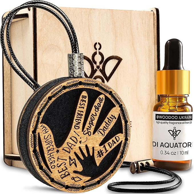 Handmade Wood Car Air Freshener — Father’s Hands Designed Refillable Essential Oil Diffuser — Long Lasting diAquatoria Fragrance Oil 10 ml — Car Accessories Gift Box