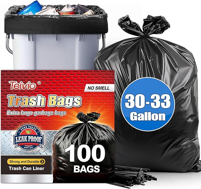 30-33 Gallon 100 Counts Large Trash Bags w/Ties Black Garbage Bags, Large Trash Can Liners for Home,Kitchen,Office,All Purpose Light Residential or Commercial Waste,Outdoor Lawn and Leaf Bags