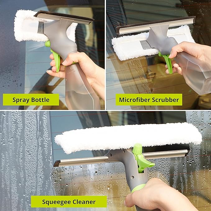 True & Tidy Window and Glass Cleaner Refillable Spray Bottle with Built-in Squeegee and Machine-Washable Microfiber Scrubber, Use Any Cleaning Solution, 10 inches