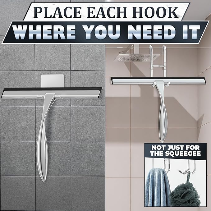 Shower Door Squeegee with Adhesive & Hanging Hooks, 12" Silicone Blade - Stainless Steel All-Purpose Squeegee for Shower Glass, Bathroom Mirror Cleaner Tool Suitable for Tile Walls - Multi-Surface Use