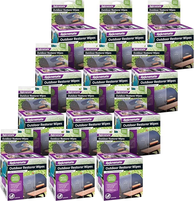 Rejuvenate Outdoor Restorer Wipes, 5 Count, Individually-Wrapped Pre-Saturated Microfiber Wipes Restore Faded and Weathered Surfaces Such As Patio Furniture, Shutters, Siding, And More, 12 Pack