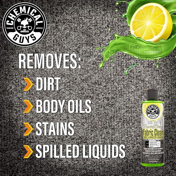 Chemical Guys Foaming Citrus Fabric Clean Drill Brush Kit - High Foaming Stain and Odor Remover, Upholstery, Floor Mat & Car Carpet Cleaner, Deep Cleans & Deodorizes, Citrus Scent - 16 fl oz
