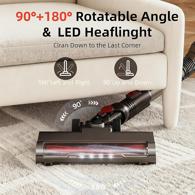 Cordless Vacuum Cleaner for Home,Cleans Under Furniture Without Bending,40Kpa 45Mins,Self-Standing,Powerful Stick Vacuum Cordless for Pet Hair,Hard Floors,Carpets,Car