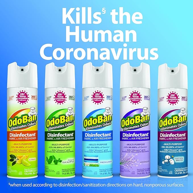 OdoBan Ready-to-Use 360-Degree Continuous Spray Disinfectant and Harsh Aroma Eliminator, Fabric and Air Freshener, 3 Pack, 14.6 Ounces Each, Original Eucalyptus Scent Clear