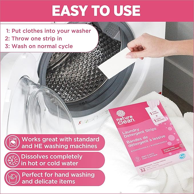 Nature Clean Plastic-Free Packaging Laundry strips, Eco-Friendly Laundry Detergent Sheets Wildflower, 32 count 2-pack